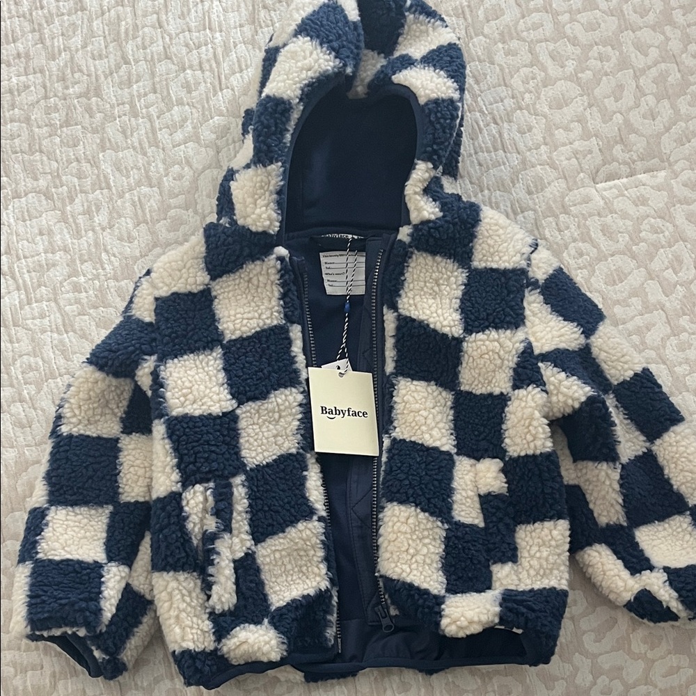 Babyface Boys Blue & Cream Checkered Sherpa Hooded Jacket 12-18M NWT